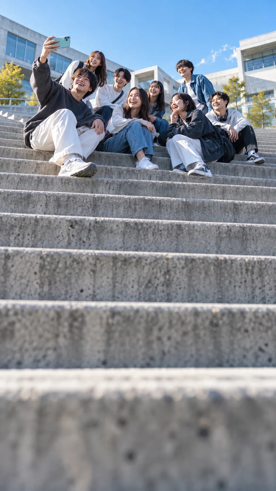 青空のキャンパスで、スマホを囲んで笑う大学生たち